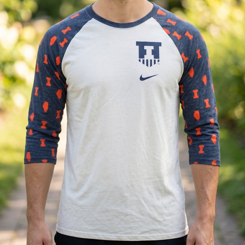 Nike Illinois Fighting‎ Illini Mens Raglan 3/4 Sleeve Tri-Blend Tee Cream Navy